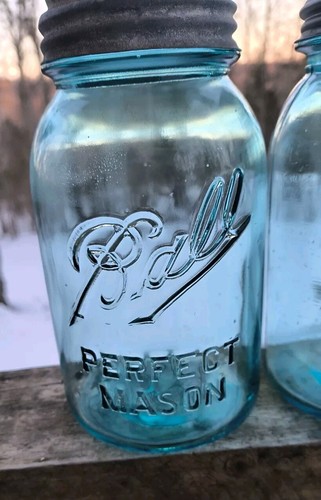 2er Set ~ Ball Perfect Mason Blau Quart Gläser Vintage 20er Jahre Zink Deckel - Bild 2 von 15