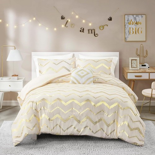 Ivory and Gold Twin Comforter Set - Modern Striped Design for Teen Girls - Picture 7 of 9