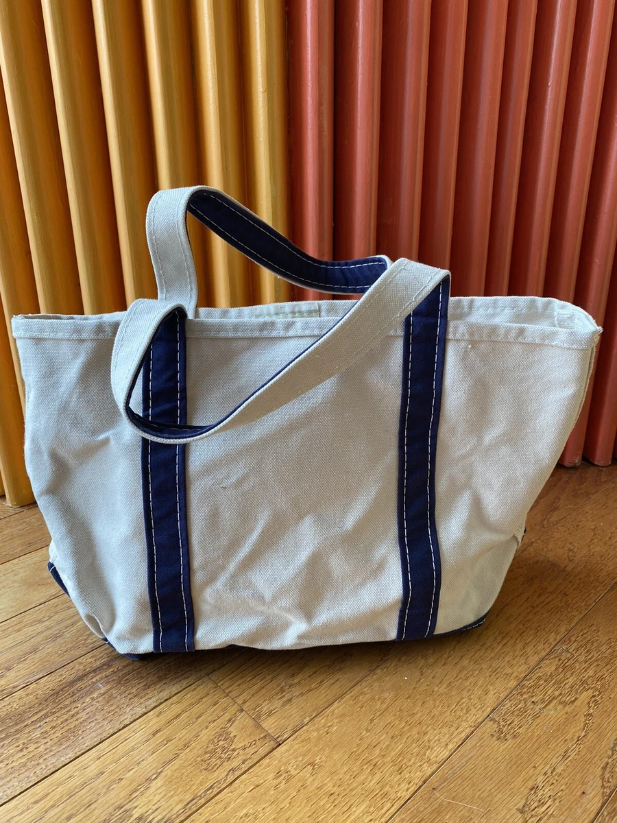 Vintage VTG 90s LL Bean Boat Tote Bag Canvas White Navy Blue Trim Medium USA