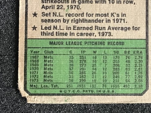 1974 Topps Baseball #80 NY METS HOF TOM SEAVER POOR CONDITION/ CORNER RIPPED - Picture 4 of 8