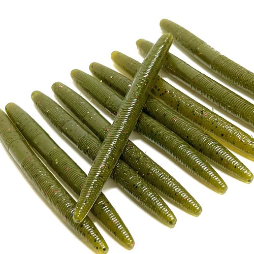 15ct 5 inch senko style stick bait worms green Pumpkin w/red flk Bass Fishing - 第 4/15 張圖片