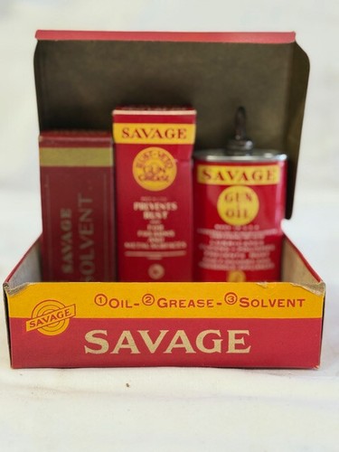 Savage Arms Gun Cleaning Kit Oil Tin RustVeto Gun Grease Solvent 3pk Vintage - Picture 7 of 12