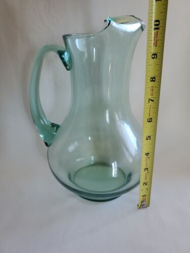 Pitcher Light Green Glass Blown & Pressed Very Unique 10 Inches Turned In Lip - Picture 7 of 9