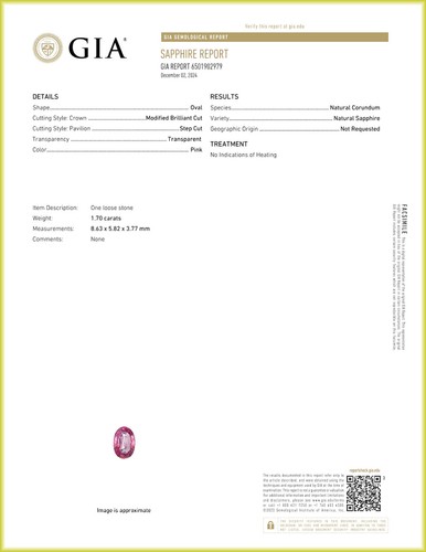 GIA Certified 1.70 ct Oval Cut (9 x 6mm)Sri Lanka Unheated Natural Pink Sapphire - Picture 3 of 3