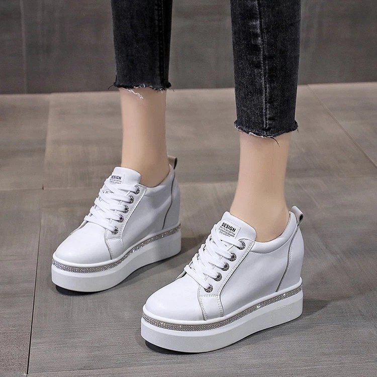 Womens Casual Lace Up Platform Sneaker Hidden Wedge Heels