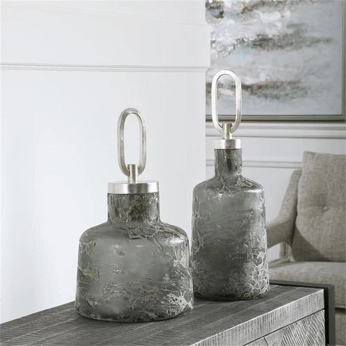 Uttermost Storm Contemporary Iron and Glass Bottles in Silver (Set of 2) - Picture 1 of 4