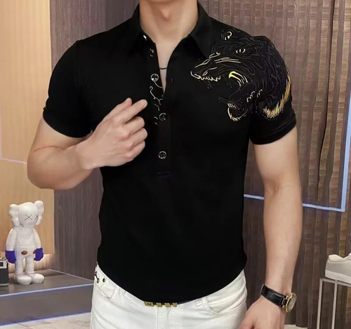 New Men Luxury Diamond Wolf Rhinestones Fashion Black Polo T-Shirt High Quality - Picture 2 of 3