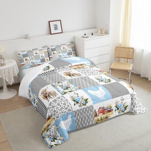 Farmhouse Plaid Full Size Comforter Set,Highland Cattle Chicken Animals - Picture 3 of 8