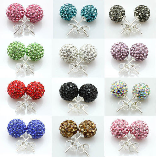 6-8-10mm 925 Sterling Silver Disco Balls Crystal Ball Stud Earring 10 Colours - Picture 1 of 2