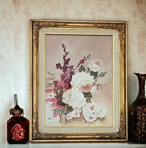 Original Painting Still life Pink Shabby Fairy Cottagecore Roses Gold Gilt Frame - Picture 2 of 8