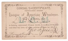 1888 Bicycle Club Membership Card League Of American Wheelmen (LAW) Consul Card