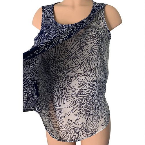 Liz Claiborne Sleeveless Floral Print Blouse Womens Medium Navy Blue White Top - Picture 7 of 12
