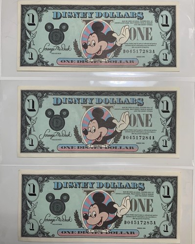 1990 $1 Disney Dollar (3 Consecutive) Mint Condition.