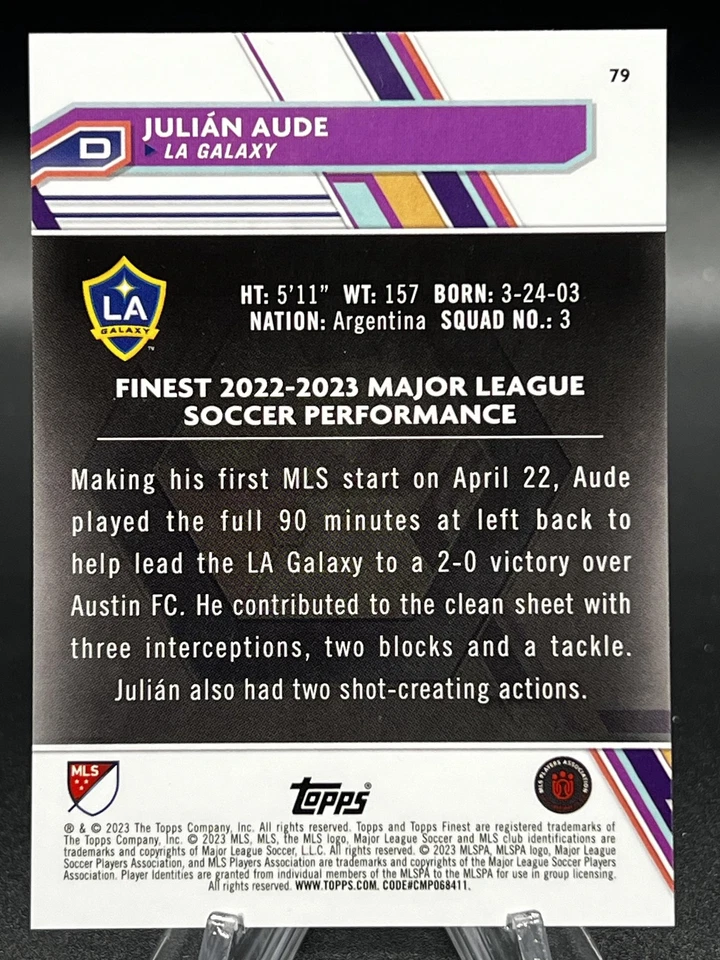 2023 Topps Finest MLS Julian Aude Pink Prism Refractor #/125 SP RC Rookie Galaxy - Image 2 of 2