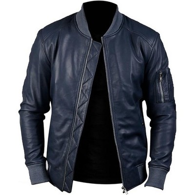 Men's Genuine Lambskin Leather Bomber Jacket Handmade Stylish Navy Blue Jacket