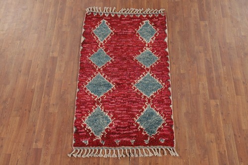 Geometric Wool Plush Red Moroccan Oriental Accent Rug 3x5 ft Handmade - Picture 3 of 17
