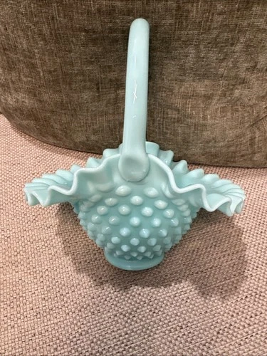 Rare Vintage Fenton Turquoise Milk Glass Hobnail Basket 1956 Glass Exquisite