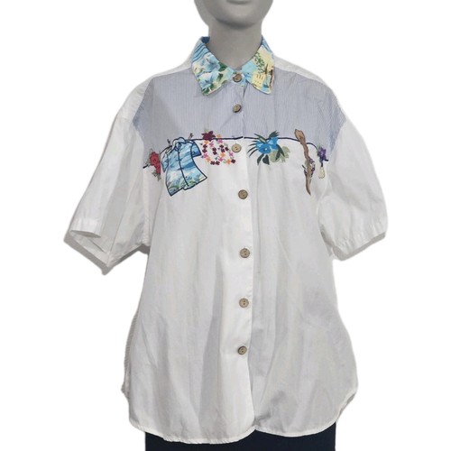 Camisa Bill Blass Vintage Blanca Bordada Con Botones Para Mujer Mediana - Imagen 13 de 14