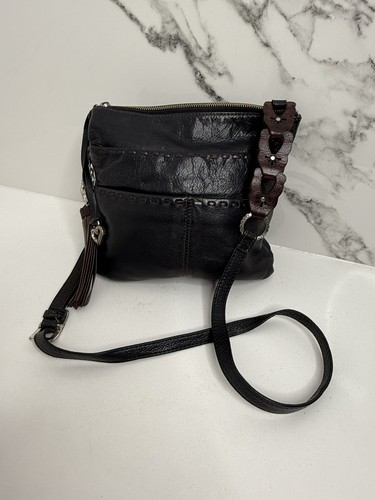 Brighton Koda Black Brown Leather Crossbody Bag Messenger Handbag Silver Tassel