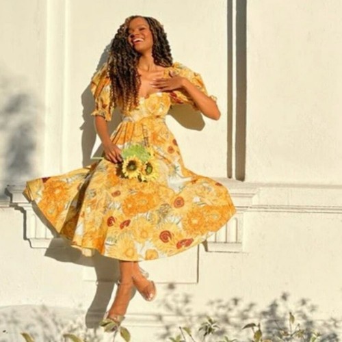 Vestido midi Selkie Tea Rose para mujer pequeño amarillo girasol algodón manga abullonada - Imagen 15 de 15