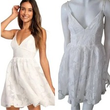 Lulus Floral Feelings White Floral Jacquard Babydoll Mini Dress Size S