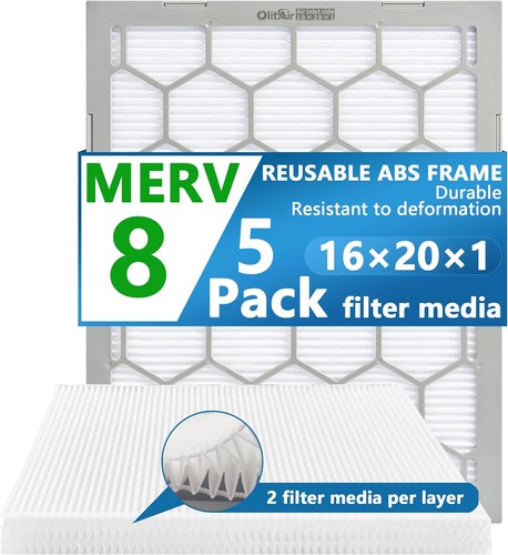 Luftfilter - Ofen/HVAC, 20 x 16 x 1, MERV 8 - 5er Pack mit wiederverwendbarem ABS-Rahmen - Bild 1 von 10