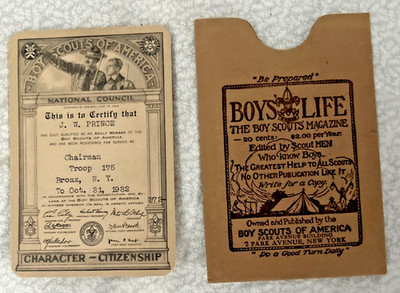VTG 1932 Boy Scouts of America Registry Member Card Troup 175 Chairman Bronx NY
