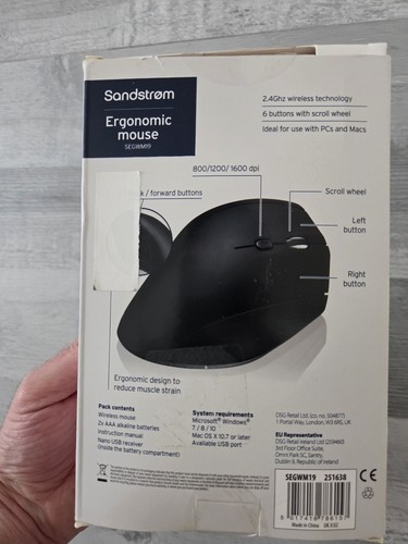 Sandstrom SEGWM19 Wireless Optical Ergonomic Mouse Black Adjustable DPI - Picture 8 of 8