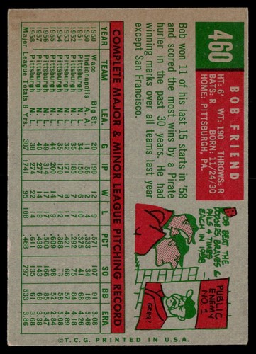 Bob Friend 1959 Topps #460 - Foto 2 di 2
