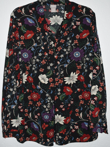 Chicos 2/Large V-neck Long Sleeve Top Mystique Black Floral Crepe Blouse Popover - Picture 2 of 21