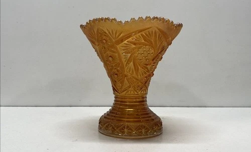 Imperial Marigold Carnival Pedestal Vase 7.5in Tall Vintage Glass -Centerpiece