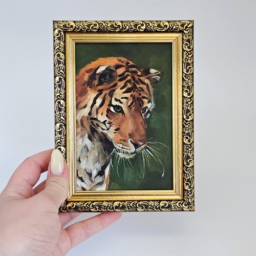 Original Oil Painting Tiger Portrait Framed Wildlife Art Animal Lover Gift 4x6 - Picture 2 of 13