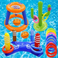 Pool Toys Games Set,Pool Basketball Hoop Inflatable Cross Ring Toss Game and Inf