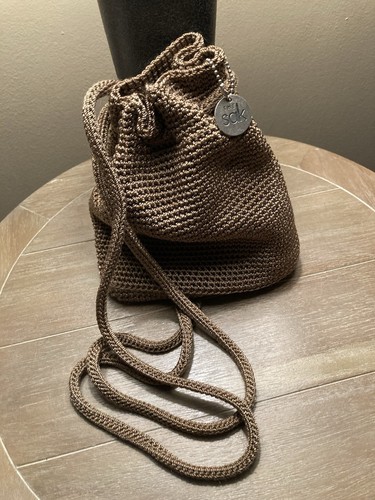 The Sak Womens Mini Backpack Brown / Taupe Crocheted Purse Bag Drawstring Boho - 第 8/11 張圖片