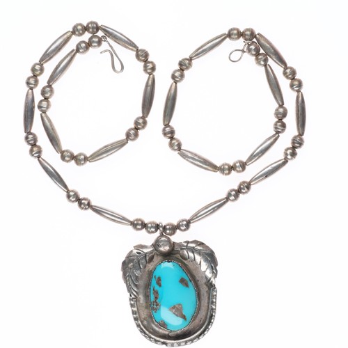 Vintage Navajo sterling silver beaded necklace with turquoise pendant c1970s - Picture 2 of 8