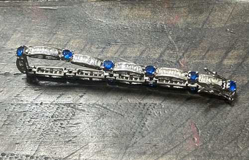 Sterling Silver~Modern~Blue & White stone Tennis Bracelet~14.7g~7.5” - Picture 7 of 10