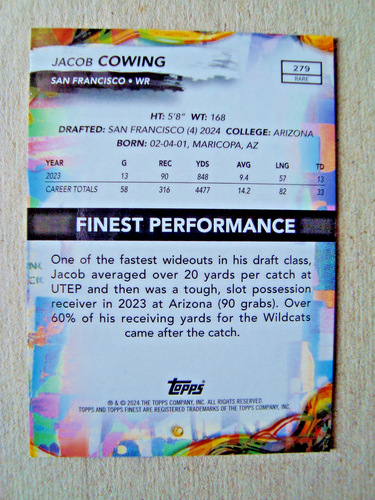 2024 Topps Finest Raro Púrpura Checkerboard #279 Jacob Cowing Rookie #'d 59/75 - Imagen 2 de 2