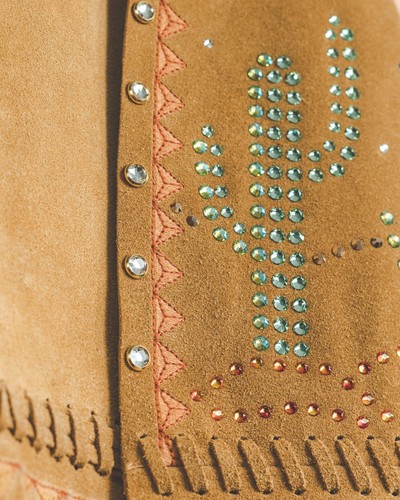 Upcycled Lenni the Label Tan Suede Fringe Western Vest w Rhinestones - Picture 3 of 8