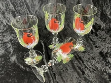 Hand Painted Christmas Holly Berries Red CARDINAL 7 1/2" Water Goblet - Set of 4