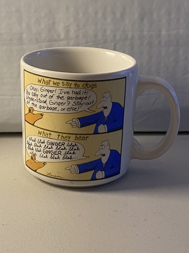 Vintage The Far Side Kaffeebecher 1983 sehr guter Zustand "What We Say, What They Hear" (Hunde)