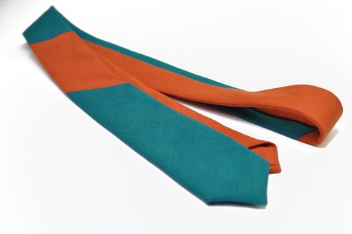 Men Teal Blue + Burnt Orange Dual Color Skinny Linen Hand Made Necktie Neck Tie - Picture 2 of 4