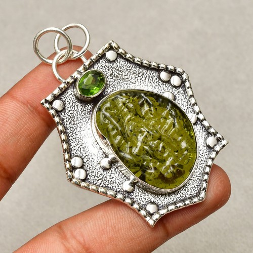 Moldavite Gemstone 925 Sterling Silver Handmade Jewelry Pendant 2.36"