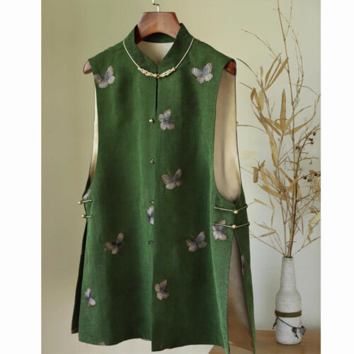 Chinese-style Top Green Vest Women's Spring Crew Neck Retro Printed Gilet Jacket - Picture 4 of 11