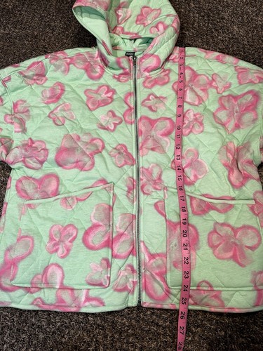 Women's Hooded Quilted Jacket Wild Fable - Mint Green Pink Floral - Large - NEW - Picture 5 of 6