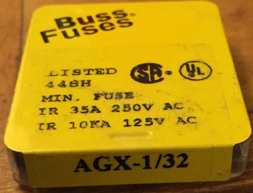 BUSS AGX-1/32 FUSE (1/32A=31.25mA) box of 5; $4.00 for Shipping with tracking..