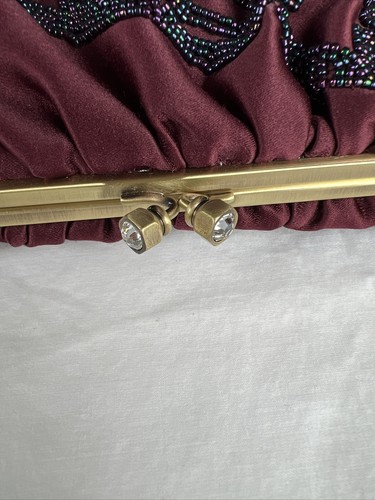 Kate Landry Evening Bag Burgandy Satin Clutch Or Shoulder Purse Beaded - Picture 3 of 5