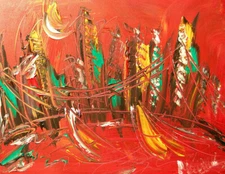 CITY RED SKY  IMPRESSIONIST  Abstract Modern Original Oil Painting EgnRGY54