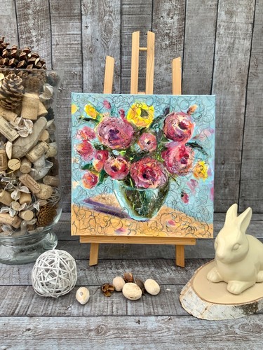 Roses Oil Painting Floral Original Art 16X16" Impasto Painting Flowers Art - Picture 6 of 10