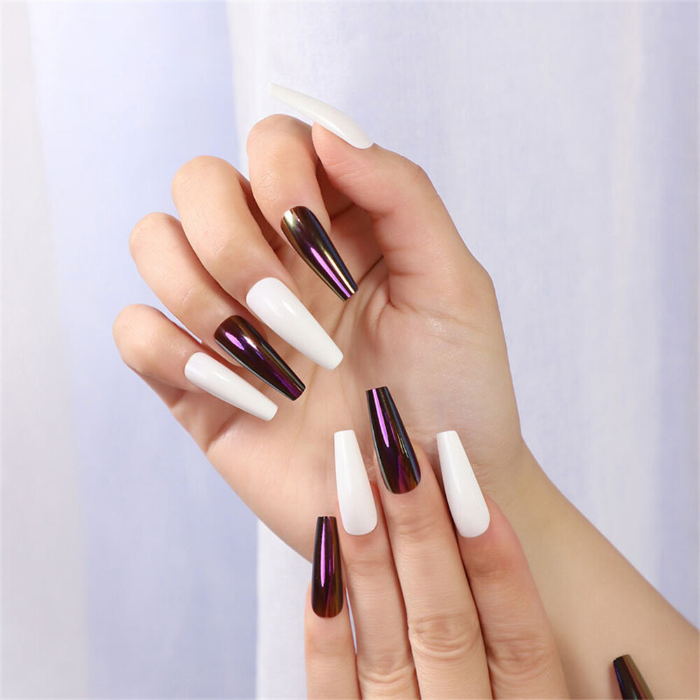 Long Coffin False Nails Purple White Press on Nails for Finger Nail Art 24pcs | eBay Long Coffin False Nails Purple White Press on Nails for Finger Nail Art 24pcs | eBay