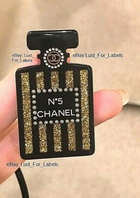CHANEL 17A Perfume Bottle Brooch Black Gold Pearl Crystal Glitter